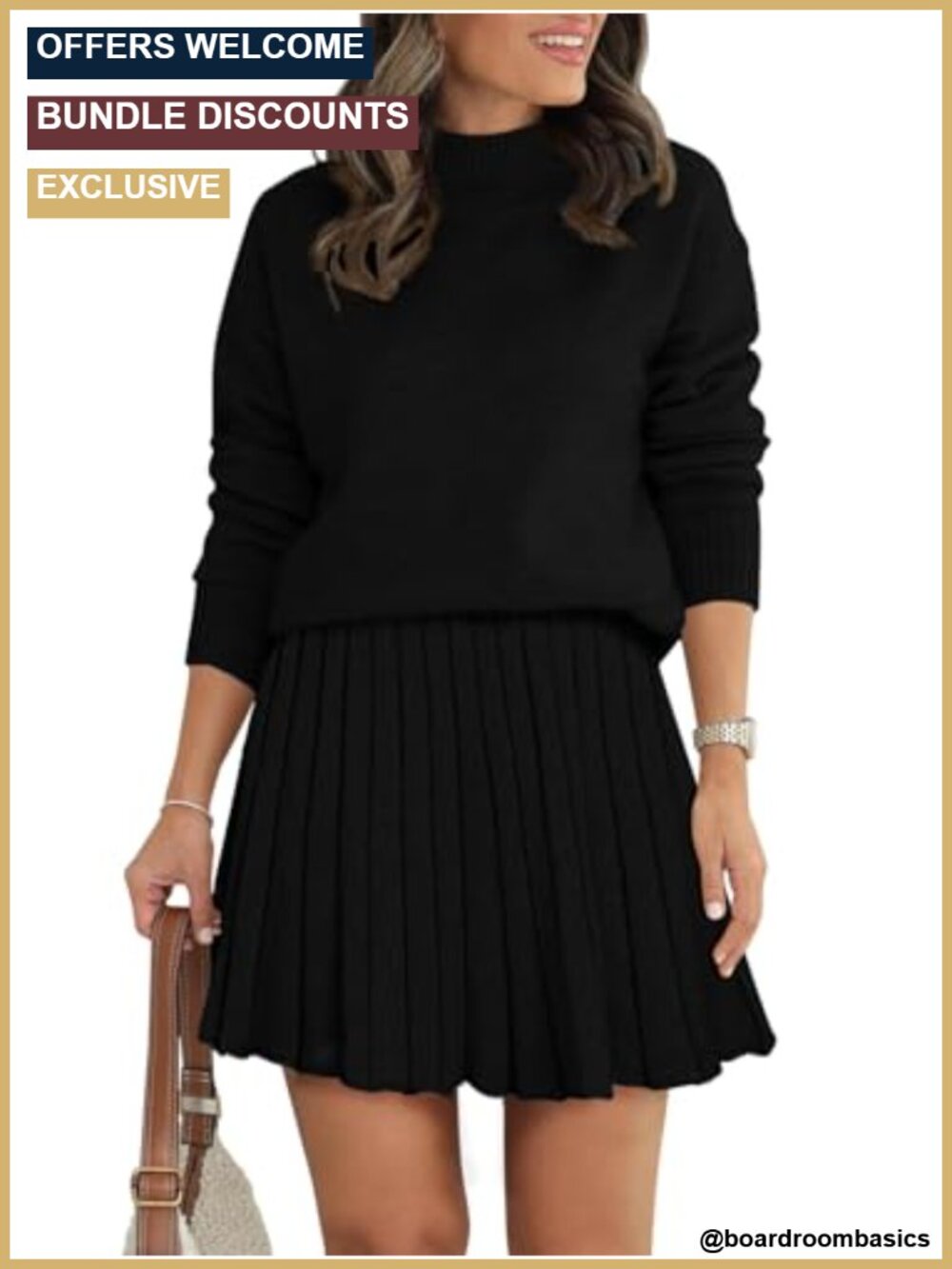 Mock Neck Sweater and Pleated Mini Skirt Two Piece Set Knit Skirt Set